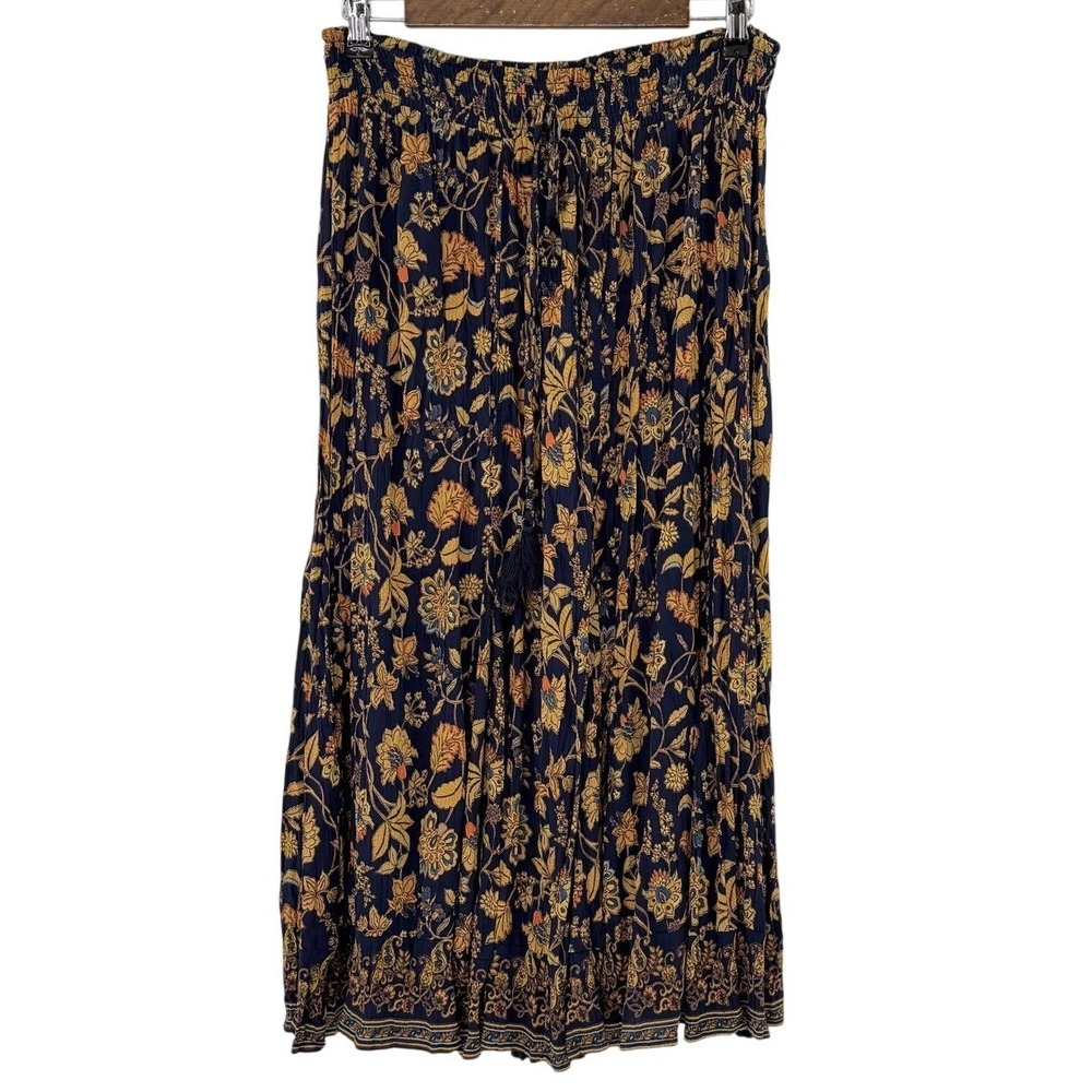 Lola P. Womens Navy Blue Floral‎ Smocked Waist Maxi Skirt Boho Tassel Rayon Med